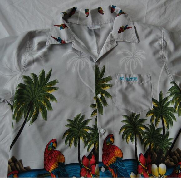 St Kitts Tropical Bird Hawaiian Button Down Shirt - Picture 3 of 9